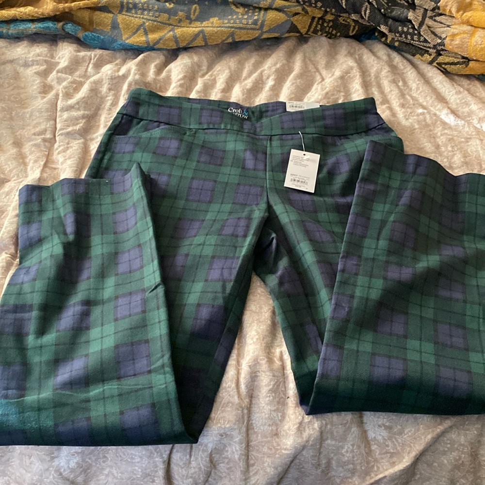 Green and Blue Plaid Pull On Pants